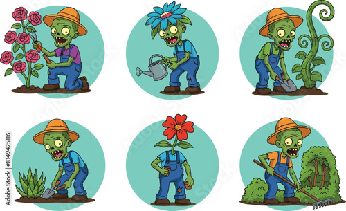 Funny cartoon zombie gardener character set planting flowers, watering plants, and raking leaves in the garden, vector illustration design art.