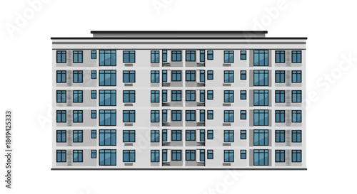 Modern multi-story residential building with numerous windows and balconies, rendered in a clean, flat vector illustration style, ideal for urban
