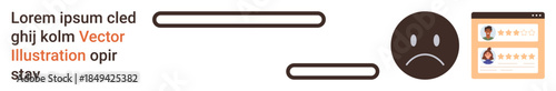 Negative feedback, dissatisfaction, user reviews, online ratings, customer feedback, digital communication. A sad face emotion next to user review stars and a profile page. Negative feedback and user