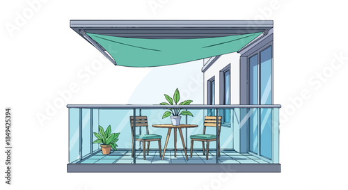 Modern apartment balcony with green awning, comfortable outdoor furniture, and potted plants, creating a serene urban oasis for leisure and relaxation