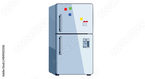 Modern household kitchen appliance featuring a sleek dual-door design, complete with colorful decorative magnets and an integrated ice dispenser