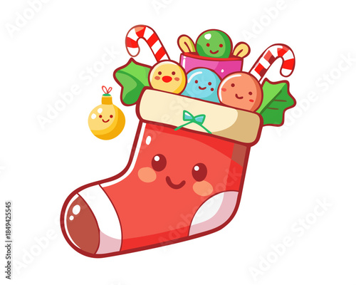 A cute christmas stocking filled with candy and toys, a festive holiday decoration with a smiling face

