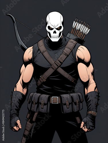 A masked archer with a skull face and glowing eyes prepared for battle