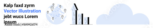 Business analysis, global connectivity, cloud services, data growth, analytics, communication. a globe with location icons, a rising bar chart and a cloud icon. Business analysis and global