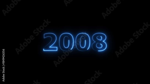 2008 number neon text animation. Glowing neon blue number text new year background 4k video.
