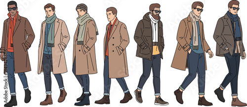 Stylish men winter fashion, modern coats, trendy jackets, layered outfits, scarves, hoodies, boots, sunglasses, beanies, contemporary streetwear style