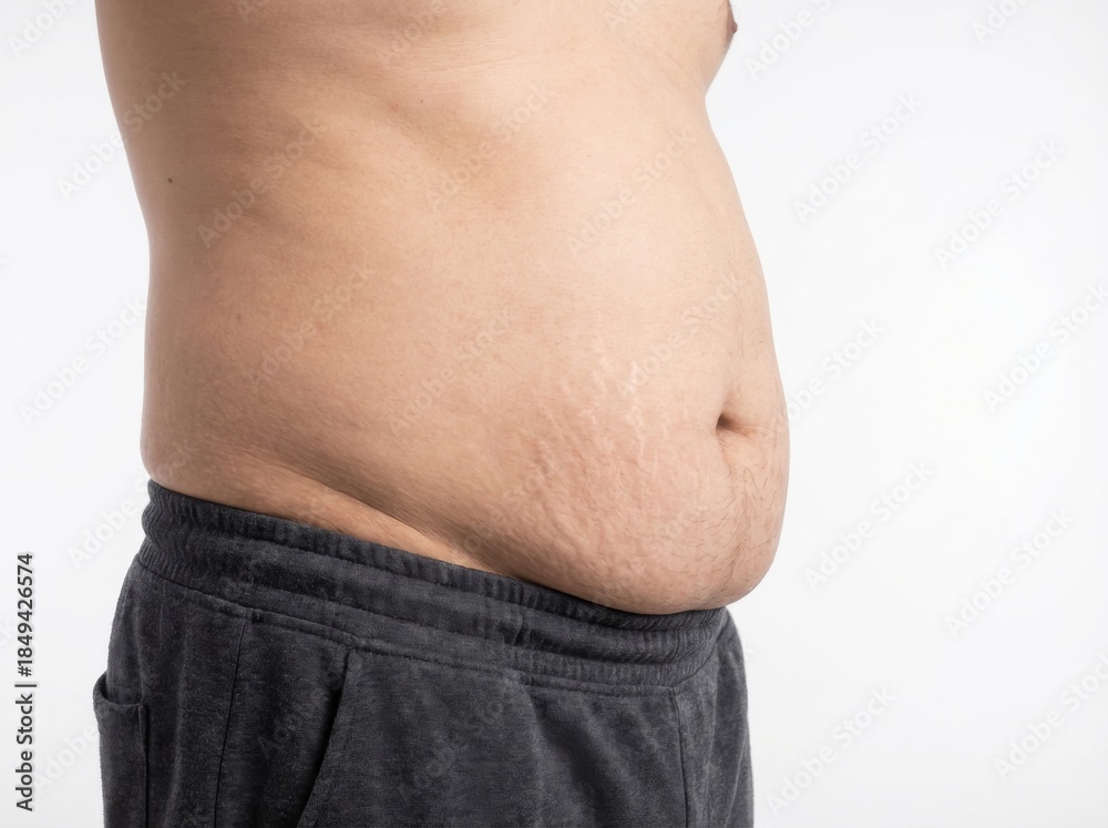 Naklejka premium Close-up of a person's midsection showing a protruding abdomen with stretch marks, indicating weight gain