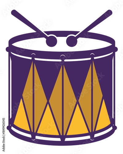 A vibrant purple and gold snare drum with drumsticks poised for a rhythmic beat, ideal for music, performance, and creative expression concepts