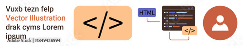 Web development, coding tutorials, software design, programming concepts, digital skills, online education. Coding tag, user icon and code editor interface. Web development and coding tutorials