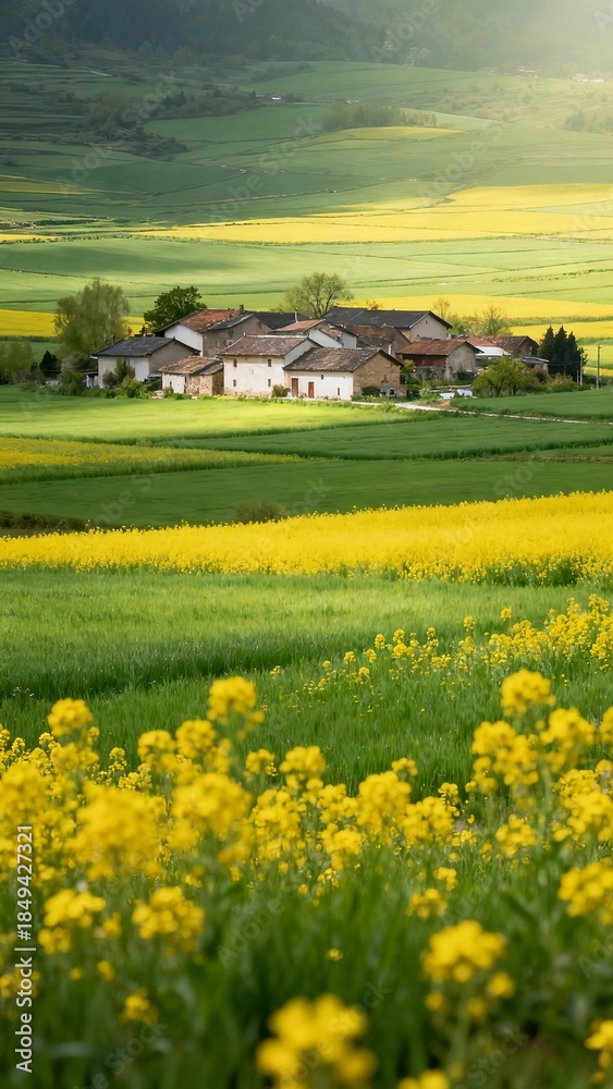 Fototapeta premium Yellow blooms frame village; green hills stretch sunlit.