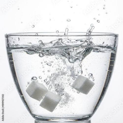 Sugar cubes dramatically dropping into clear water, creating an effervescent splash and bubbles, illustrating the science of dissolution and mixture in a dynamic transparent bowl setting