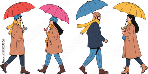 People walking with umbrellas, winter clothing, coats, scarves, hats, boots, rainy day, colorful umbrellas, companionship, everyday lifestyle scene