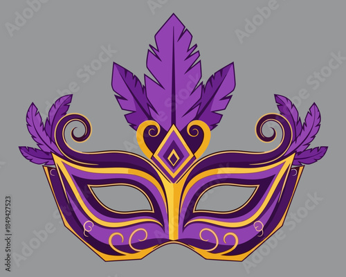 Exquisite carnival masquerade mask in rich purple and gold, featuring ornate feathers and elegant swirls, embodying festive mystery and celebration for costume events and parties
