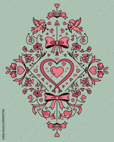 Charming ornamental design featuring interconnected hearts, playful cupids, and delicate bows, evoking themes of love, romance, and celebration in a decorative artistic style
