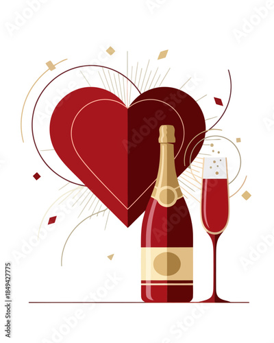 Elegant illustration of romantic celebration with a vibrant red heart, sparkling wine bottle, and flute glass. Perfect for love, anniversaries, and special moments