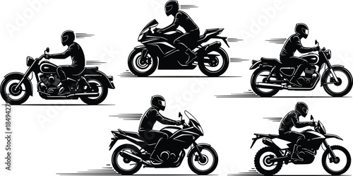 Motorcyclist silhouettes riding motorcycles, dynamic motion, cruiser bike, sport bike, touring motorcycle, off‑road rider, helmet safety, speed illustration
