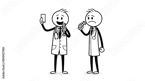Two Stickman Doctors in White Coats Examine Patients With Thermometers Showing Different Readings On A White Background With Simple Line Art