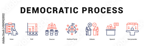 Democratic Process Modern and clean web banner illustration featuring thematic icons for visual communication