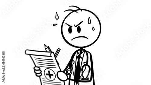 Worried Stick Figure Doctor Holding Medical Chart with Plus Sign Examining Patient Information with Intense Facial Expression and Sweat Droplets Isolated on
