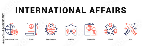 International Affairs Modern and clean web banner illustration featuring thematic icons for visual communication