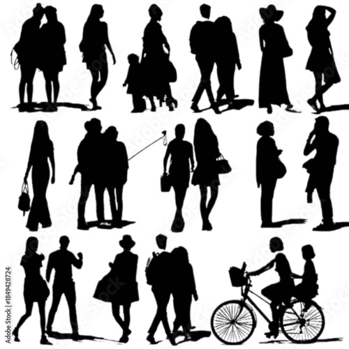 Collection of people walking and interacting in everyday life, isolated on white.