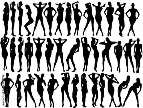 Collection of a young woman in various poses wearing lingerie and high heels against a white background.