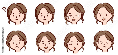 いろんな表情の若い女性の顔　イラストセット