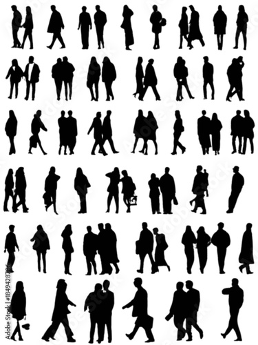 Collection of diverse people silhouettes, full body, isolated on white.