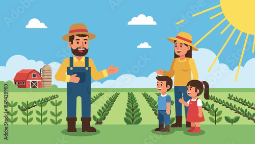 Happy family enjoying a sunny day on a farm, learning about agriculture and sustainable living with farmer in field, wholesome family activity outdoors