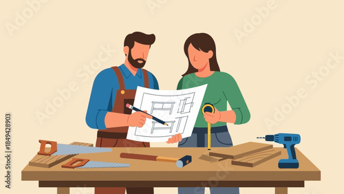 Creative couple crafting furniture from blueprints in their workshop, bringing DIY dreams to life with passion and precision, woodworking together
