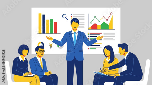 Dynamic business presentation with engaging speaker and modern visuals, perfect for showcasing growth strategies to motivate team success and inspire innovation