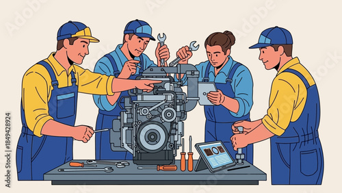 Expert mechanics collaborating on engine repair with tablet guidance and tools in bright workshop, teamwork and precision for industrial success