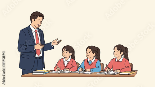 Dedicated students listen attentively to their teacher during a lesson in a classroom, fostering an engaging and supportive learning environment