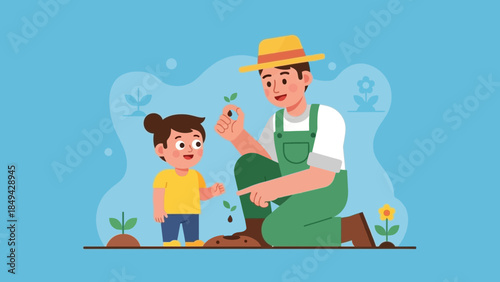 Adorable child learns about nature, planting seeds with a loving farmer in a beautiful springtime garden landscape, fostering growth, education and family fun