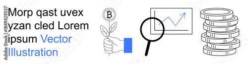 Cryptocurrency, financial growth, investment opportunities, data analysis, market trends, fintech. A magnifying glass, plant with a crypto symbol chart and stacked coins. Cryptocurrency