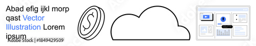 Cloud computing, financial data, online services, digital management, modern finance, technology interface. Coin symbol and cloud next to a digital interface. Cloud computing and financial data