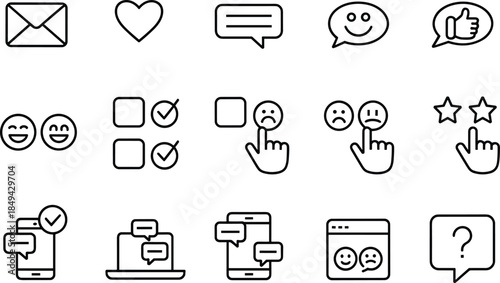 Social media and customer feedback line icon set with email, heart, chat bubbles, survey, rating stars, and digital communication symbols.