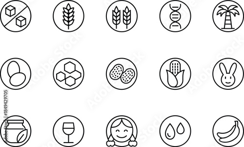 Dietary and food allergy line icon set with gluten free, sugar free, dairy, nuts, corn, vegan, and organic product symbols.