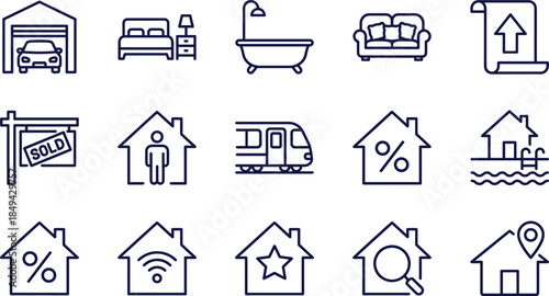 Real estate and property line icon set with house, garage, bedroom, bathtub, sofa, sold sign, mortgage, and home searching symbols.