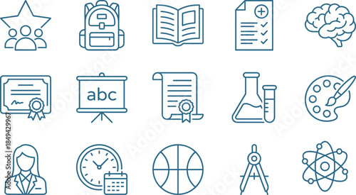 Education and school line icon set featuring book, backpack, brain, diploma, science, art, sports, teacher, and academic student learning symbols.
