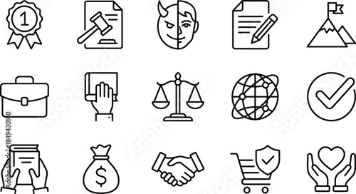 Business Ethics and Legal Compliance Line Icon Set Featuring Justice Scales Law Documents Professional Integrity Global Standards and Corporate Responsibility