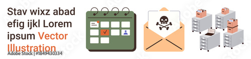 Task management, cybersecurity, malware threats, data organization, phishing risks, digital workflows. Calendar, email with skull icon servers with data. Cybersecurity and phishing risks