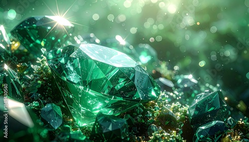Sparkling emerald gems rest atop mossy, sun-drenched ground, glittering in light