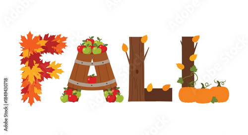 Creative autumnal 'FALL' illustration with leaves, apples, tree, and pumpkins, artfully designed to capture the festive spirit of harvest season