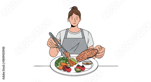 A person skillfully plates a wholesome meal of grilled salmon and fresh vegetables, promoting healthy eating.