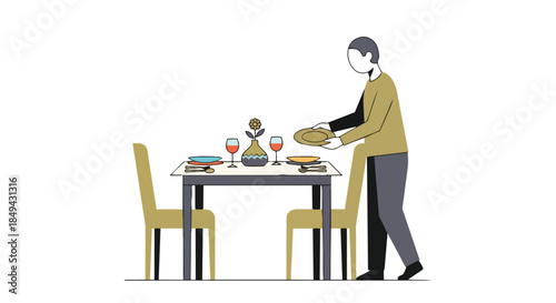A minimalist illustration showcasing a devoted individual meticulously arranging a beautifully set dining table for an intimate meal, fostering