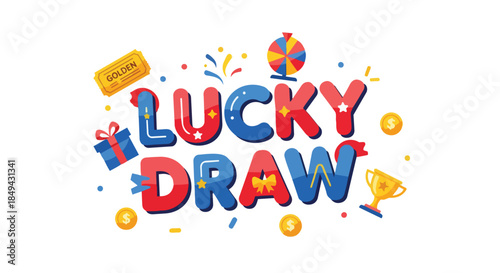 Vibrant 'Lucky Draw' promotion design with game elements and celebration confetti