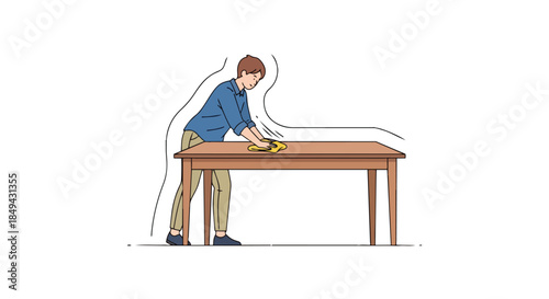 A person diligently cleaning a wooden table surface with a yellow cloth.