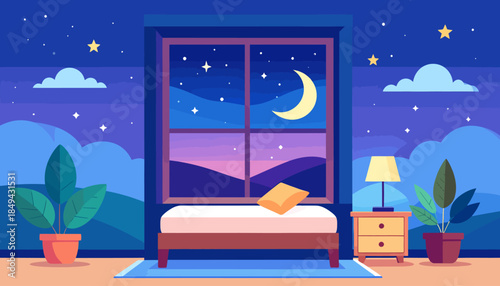 Serene Bedroom Interior with a Panoramic Window View of a Tranquil Starry Night Sky and Majestic Moonlit Mountains