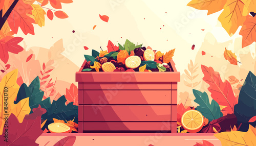 Autumn harvest compost bin overflowing with fresh organic fruits and leaves, a healthy ecosystem in a garden during fall